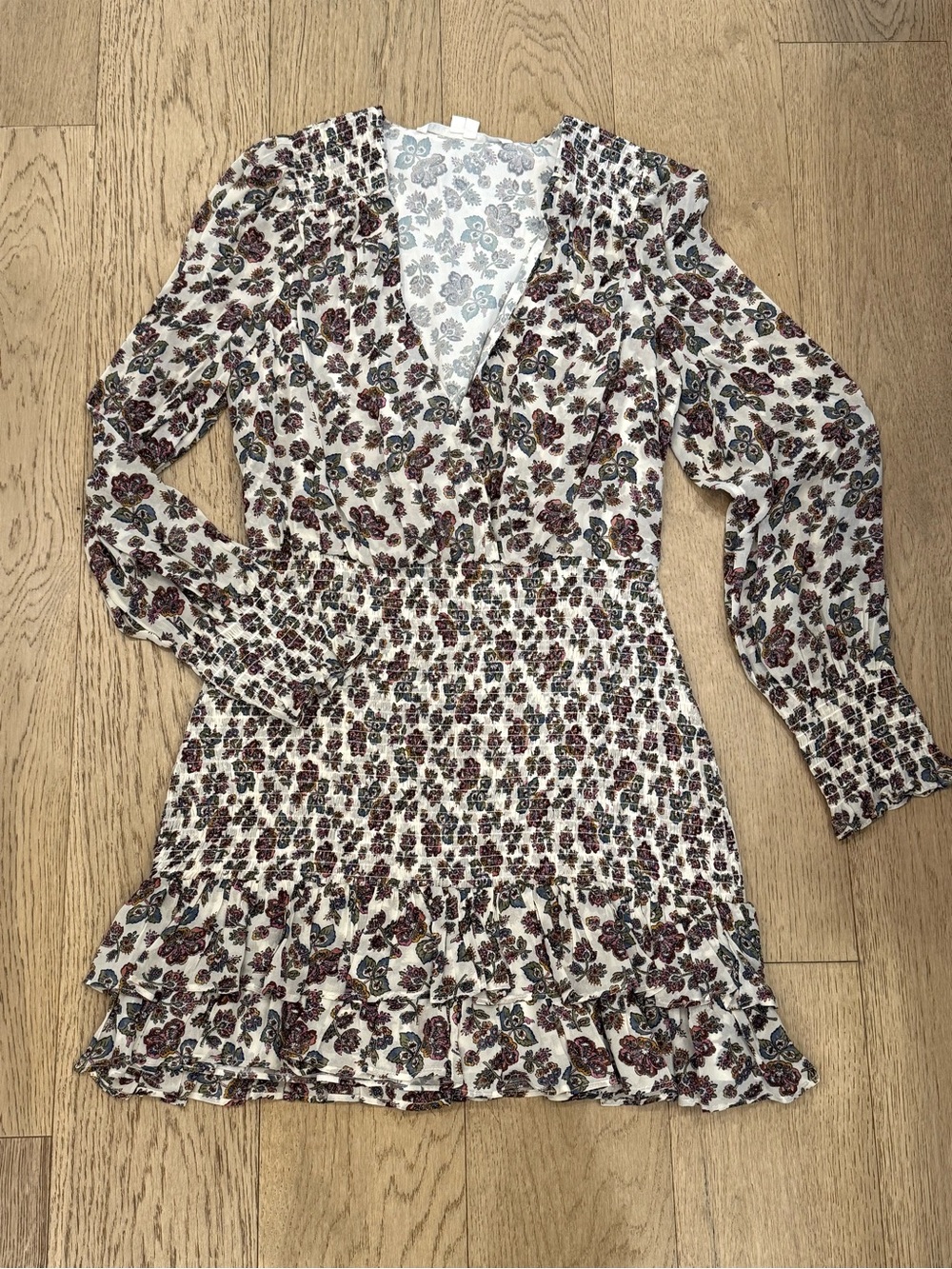 Veronica Beard Cream Floral Smocked Long-Sleeve Mini Dress